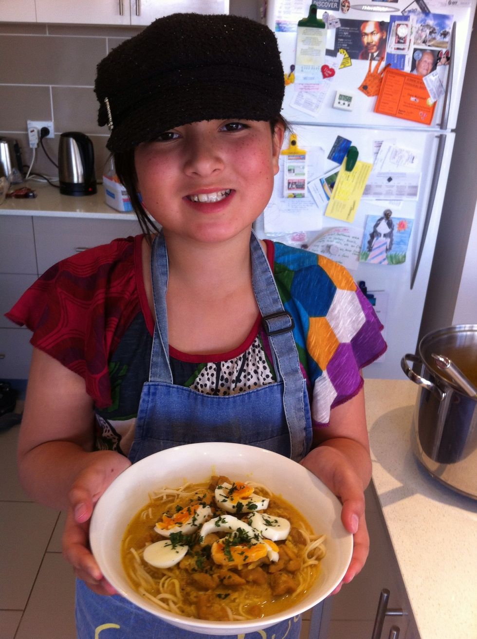 Put some noodles in a bowl, spoon over some of the chicken soup, top with slices of egg, a lemon wedge and some fresh coriander.