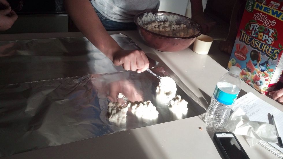 Put spoonfuls on to tinfoil, they can be as big as you want them to be.