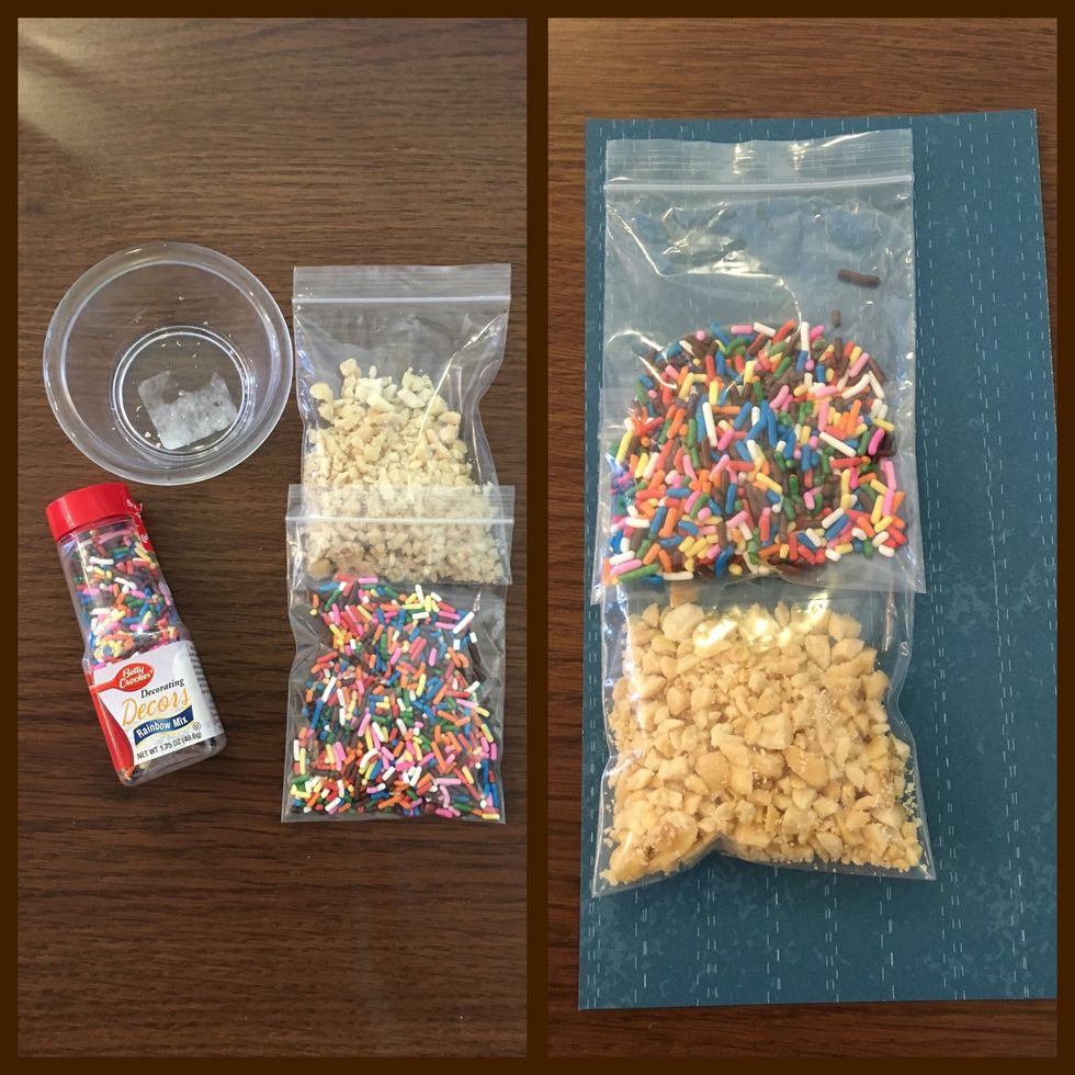 Put sprinkles and crushed peanuts each into a small bag and glue with glue dots onto scrapbook paper