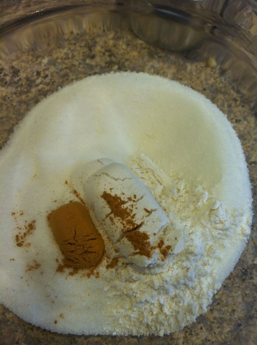 Put sugar, flour & cinnamon in a separate bowl. A word about the odd sugar measurement...I just "eyeballed" the amount to slightly less than a cup.