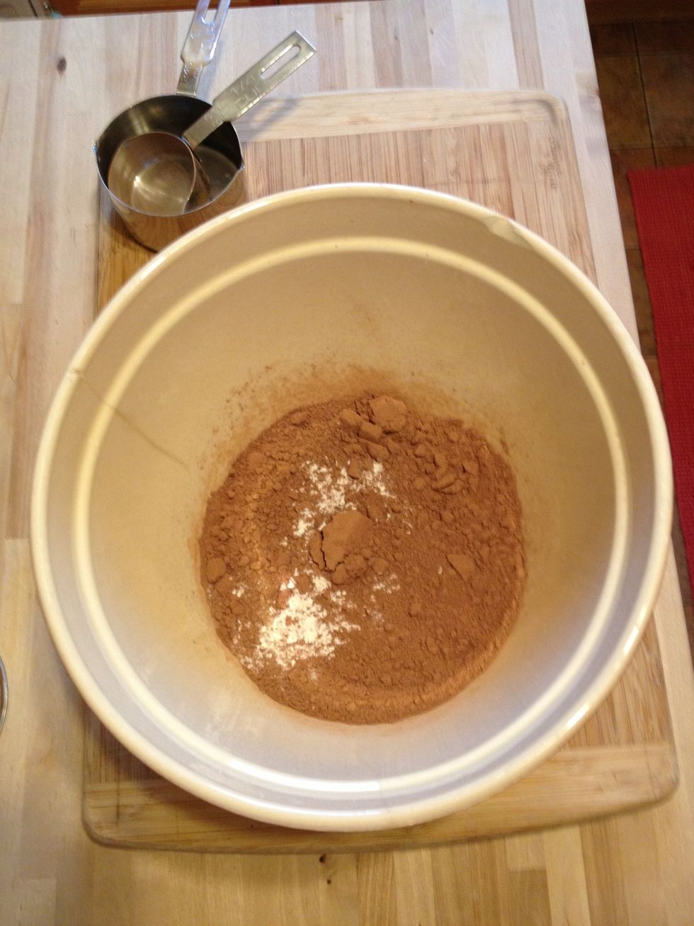 Put sugar, flour, cocoa, salt and baking powder in a bowl and whisk together.