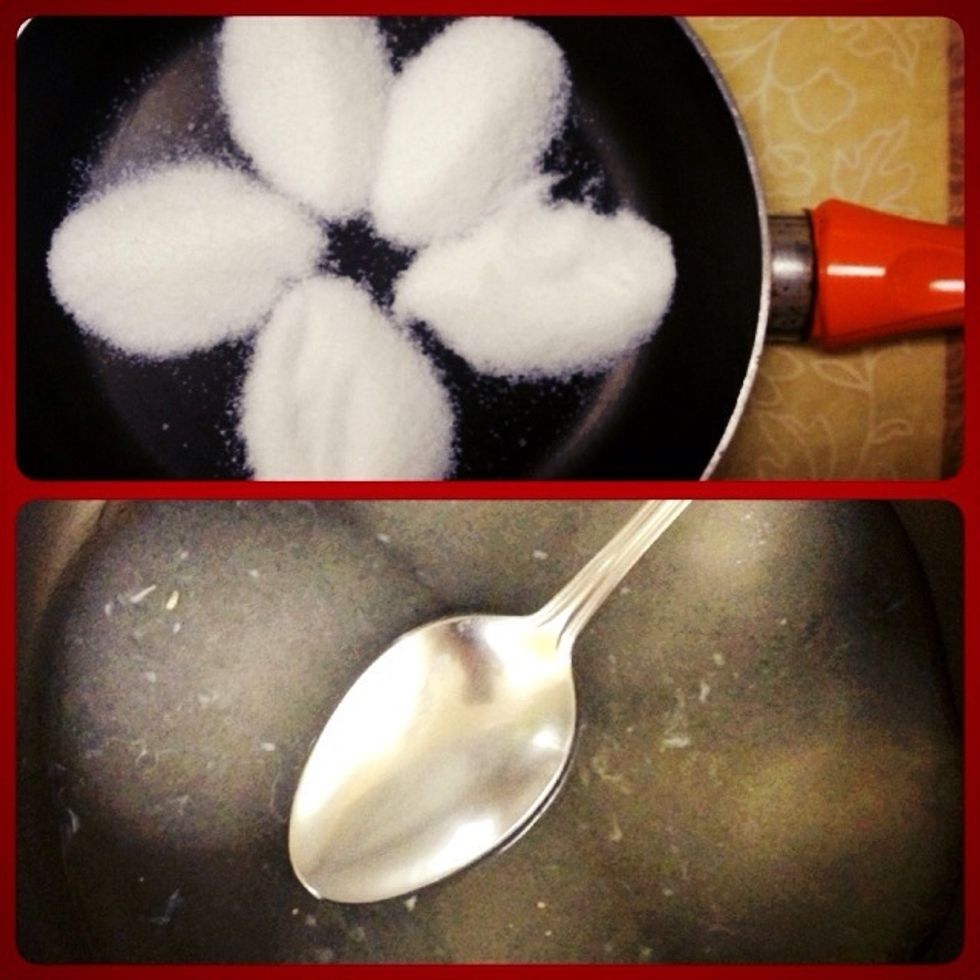 Put sugar, salt, Water, and lemon in the frying pan. ( Salt makes the mix solid ).