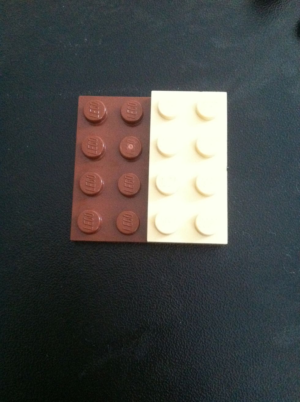 Put tan 8 holed piece on brown 16 holed piece