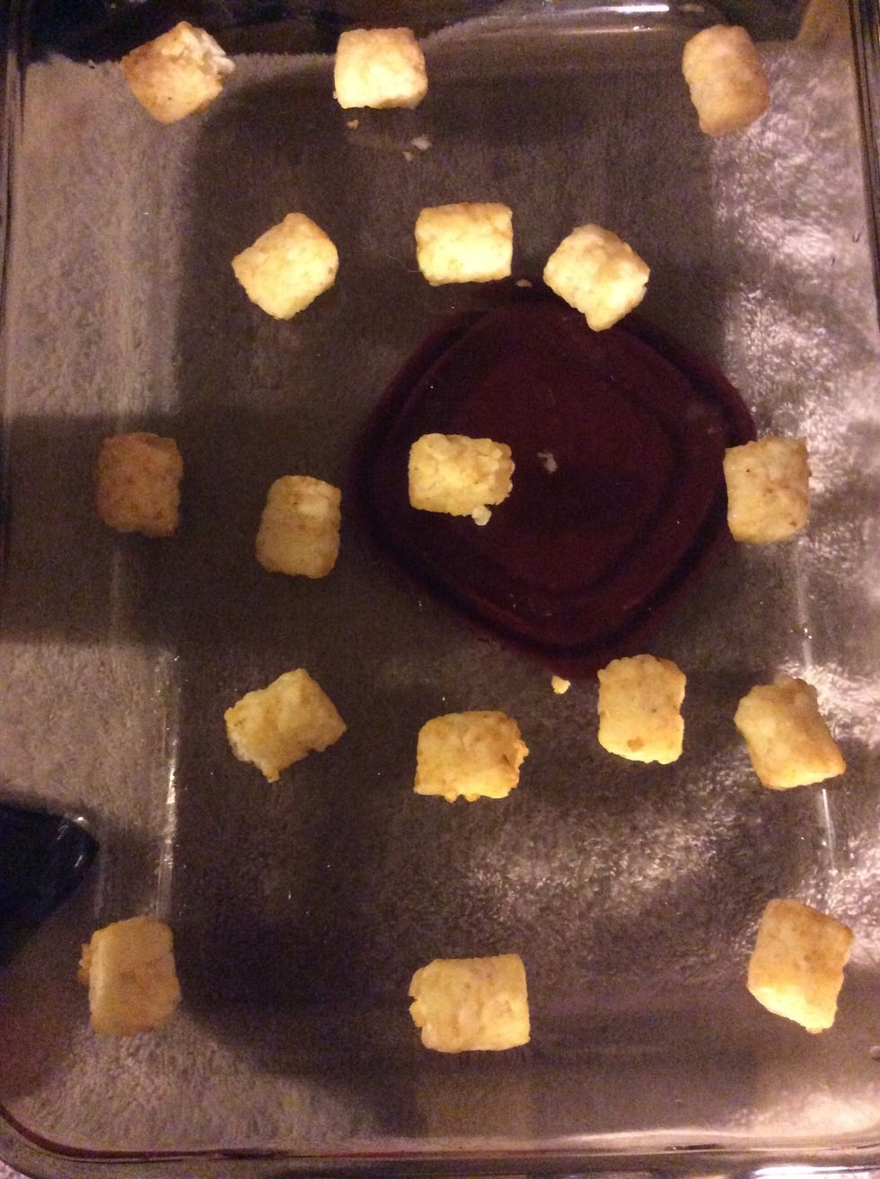 Put tater tots at the bottom of the 9/13 inch pan