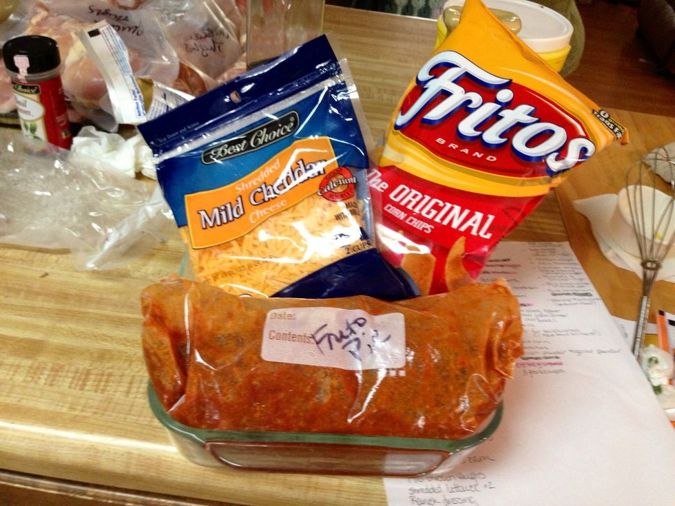 Put that together with your dish, chips, and cheese in the fridge. When you go to make it you will assemble the ingredients and bake. (You can't preassemble this one because the chips get mushy. Done.