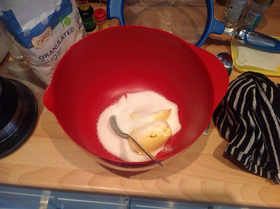 Put the 110 grams of butter and the caster sugar and cream together until light and fluffy