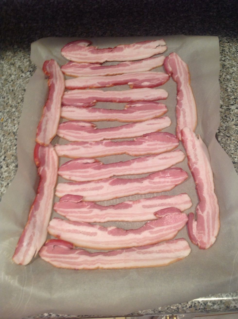 Put the bacon down alternating the thicker side.