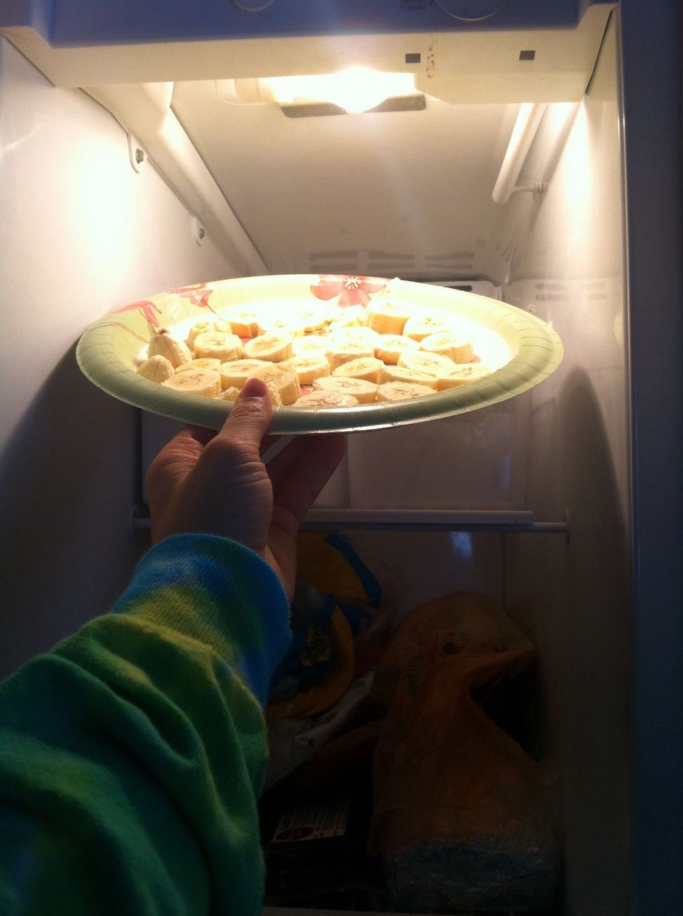 Put the bananas in the freezer. Leave them in there until they are completely frozen. I do these few steps the night before and freeze the bananas overnight.