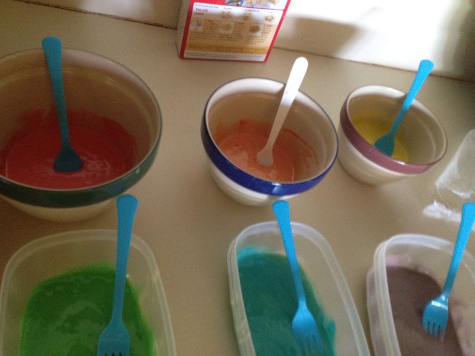 Put the batter in 6 containers and put the amount of food dye you want to each you need: red,orange,yellow,green,blue, and purple add a fork to each container to mix