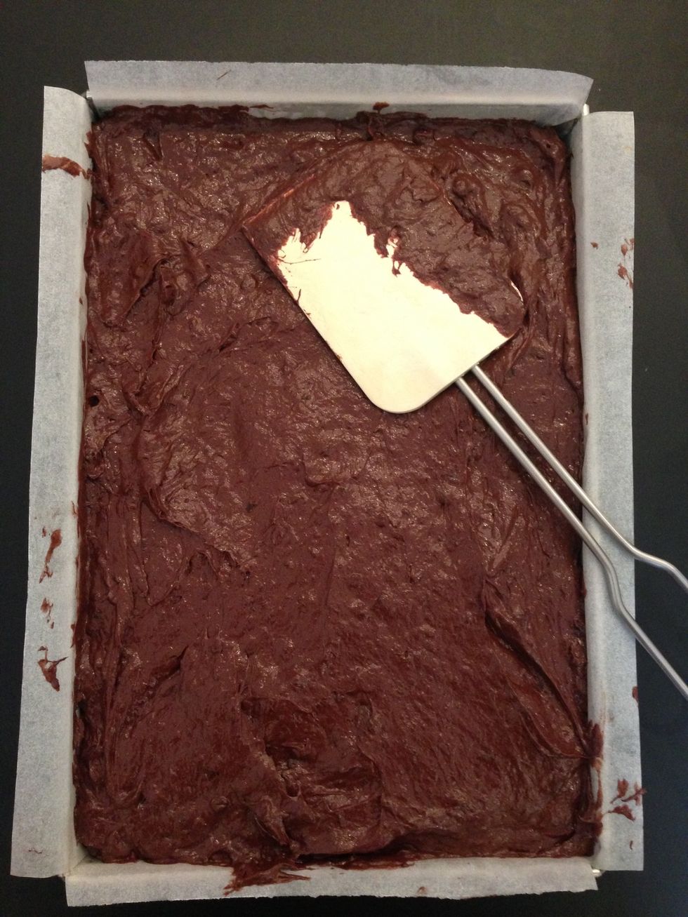 Put the batter in the parchment lined tin. put in the preheated oven 160C. Cook for 50 mins. Out. Leave to cool. Then cut. It can last for up to 3 weeks in the fridge.