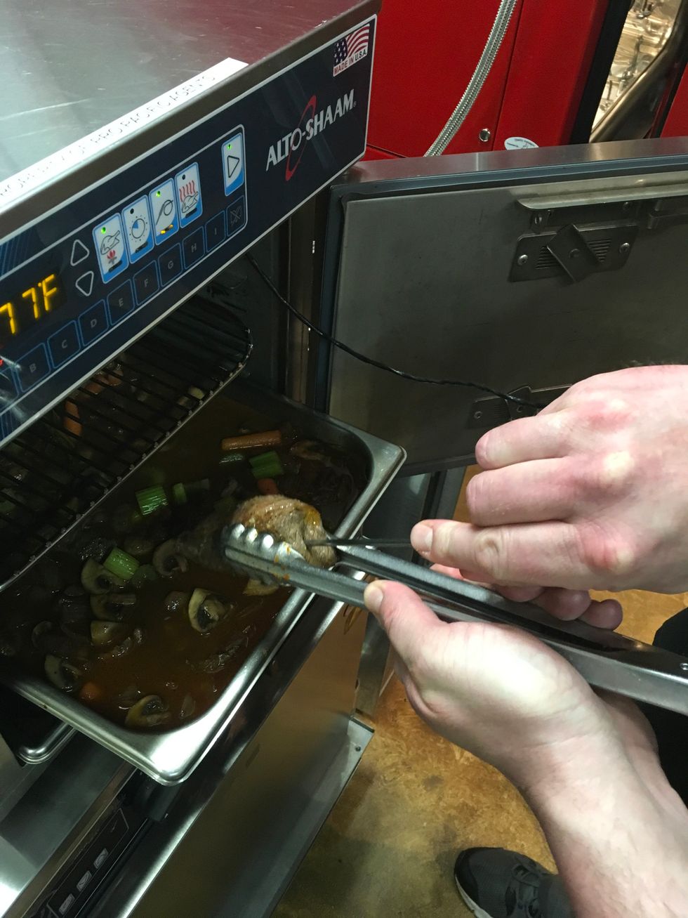 Put the beef ribs in the Alto-Shaam cook & hold oven and probe.