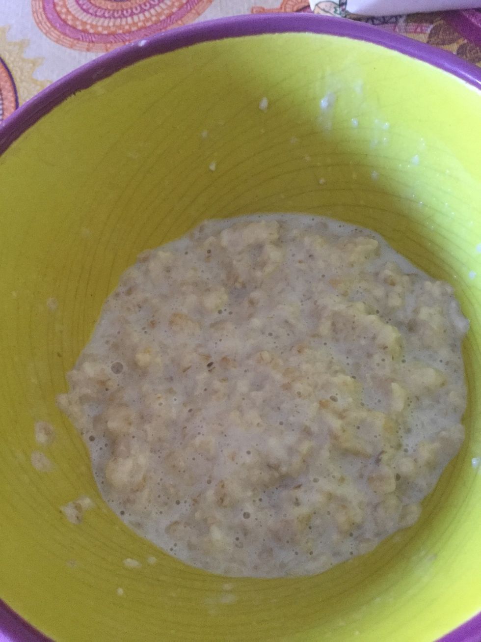 Put the bowl in the microwave for 50 sec. After that, add 1/2 spoon of sugar.