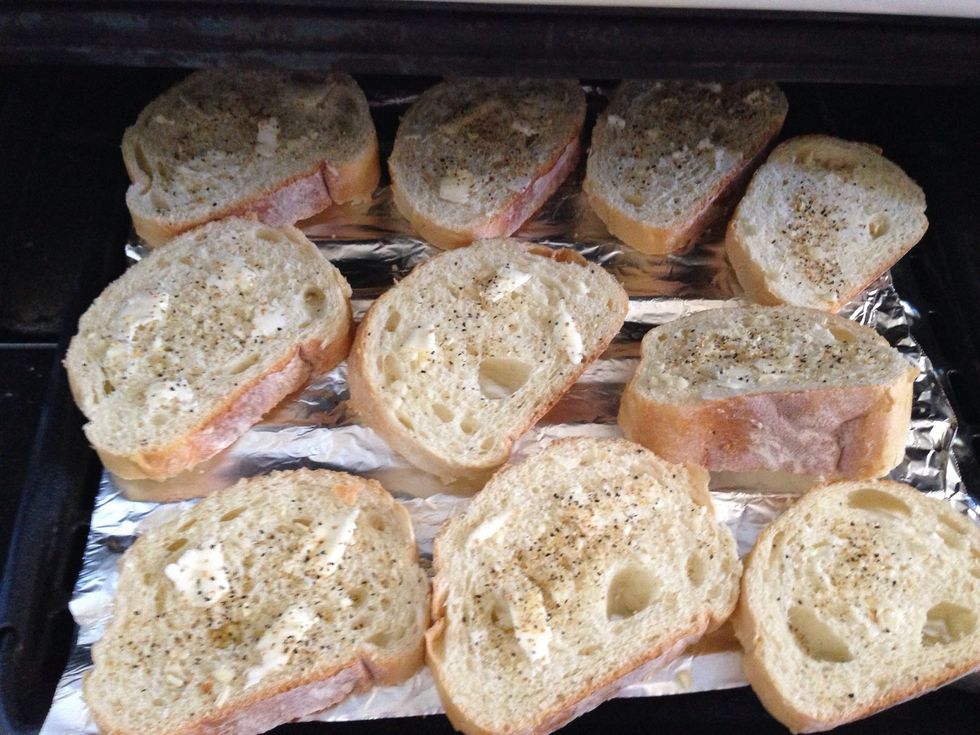 Put the bread on the pan and broil until the tops are golden brown. You really have to keep an eye on these because they can burn in a snap!