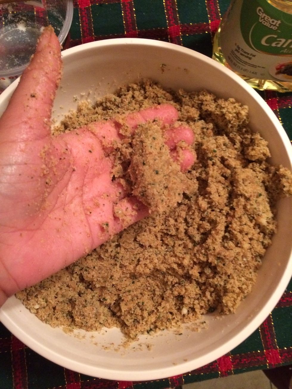 Put the breadcrumb mixture in your hand land press it, if it holds its shape it is good to go
