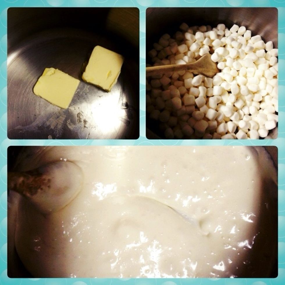 Put the butter on the oven until it melts then put the marshmallows until it melts well then off the oven.
