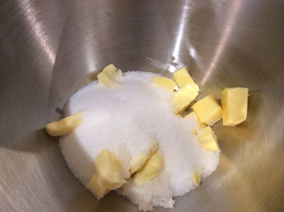 Put the butter, vanilla extract and sugar into a electric mixer (in this case a kitchen aid) and beat until smooth and creamy with the whisk attachment at medium speed (3-4 minutes)