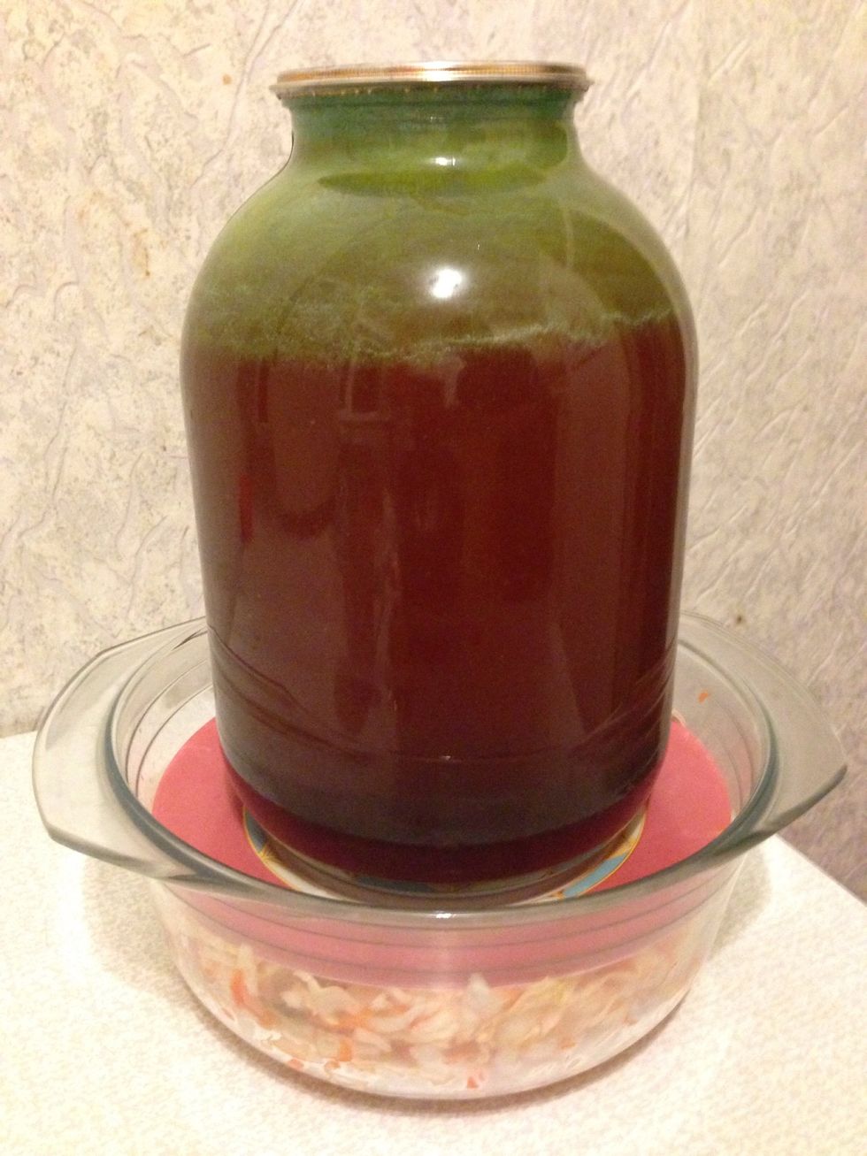 Put the cabbage mix in a bigger bowl, put a plate over it and put something heavy on the plate. Leave it like that for 3 days, room temperature.