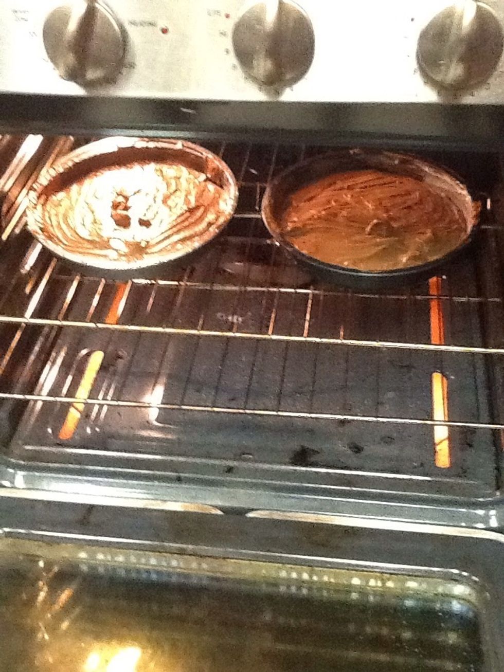 Put the cake pans in the oven.