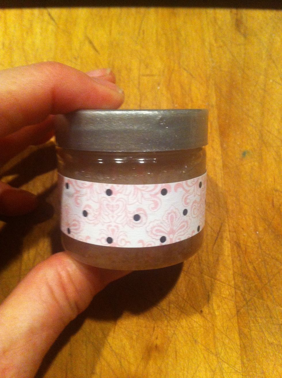 Put the cap on and a pretty paper strip. Add a label. Nice party favor. I am doing this for a baby girl shower. And a jar of spice rub. Photo follows.
