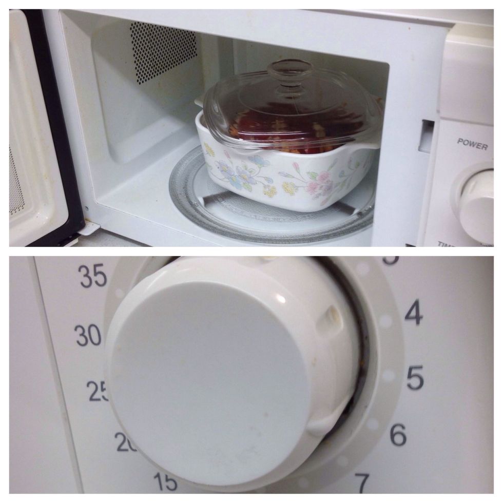 Put the casserole dish in the microwave and set the timer for six minutes.