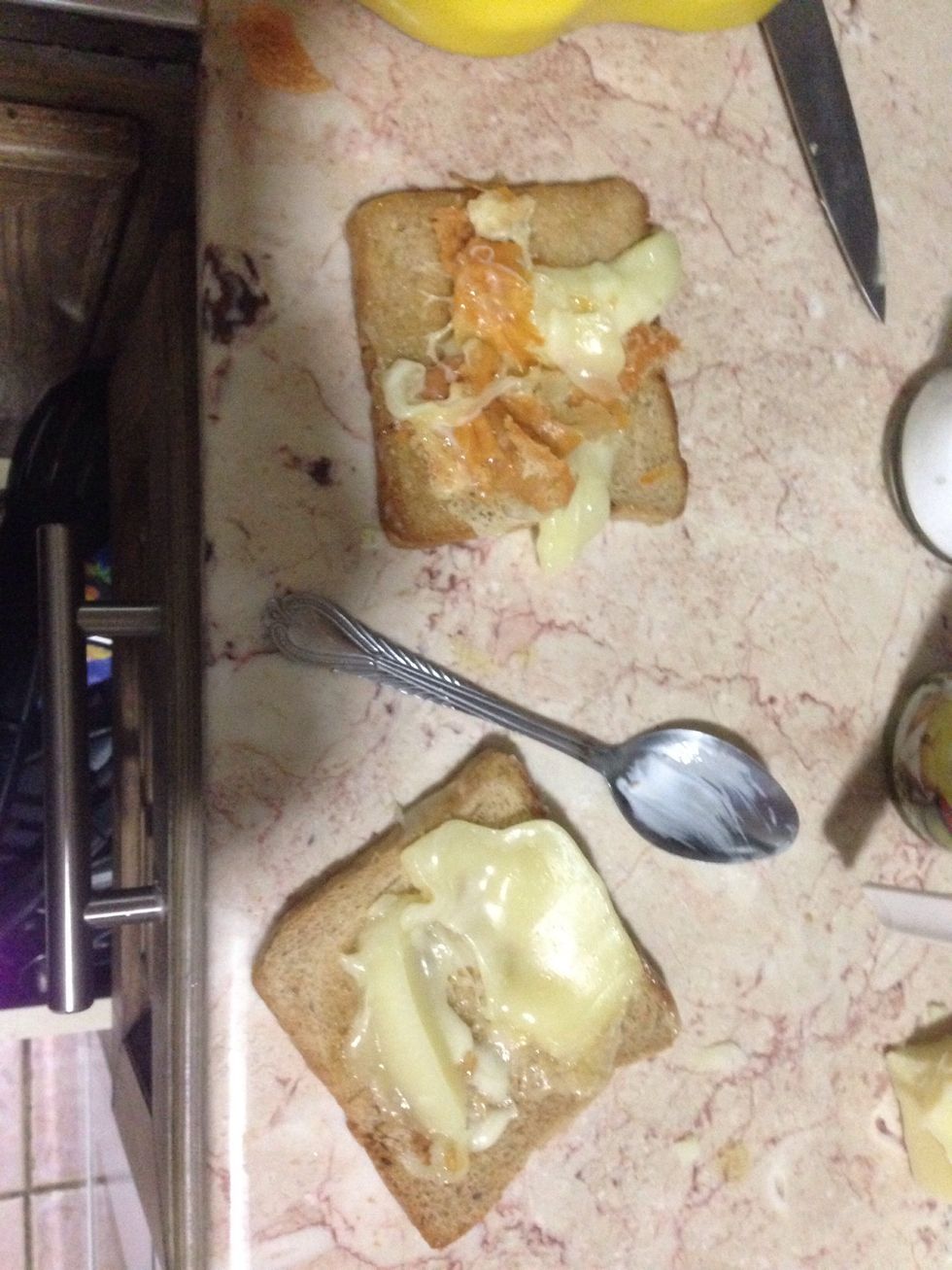 Put the cheese on the Bread . Cheese can either be cooked quite well or (what you like)