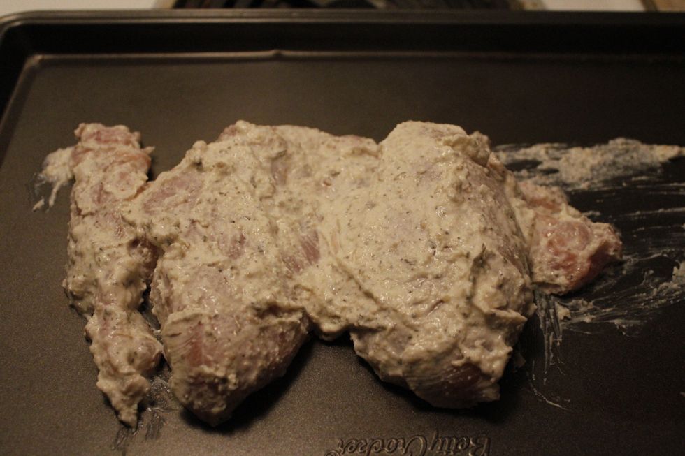 Put the chicken breast on a baking sheet. Make sure they are evenly spread out and evenly covered by the marinade. Put the chicken in the oven at 375 for 35-40 minutes.