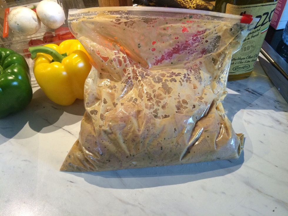 Put the chicken in a ziplock bag and pour in the mixed ingredients.  Make sure all pieces get covered. Put in fridge for a few hours to marinate. Overnight is the best, if you can.
