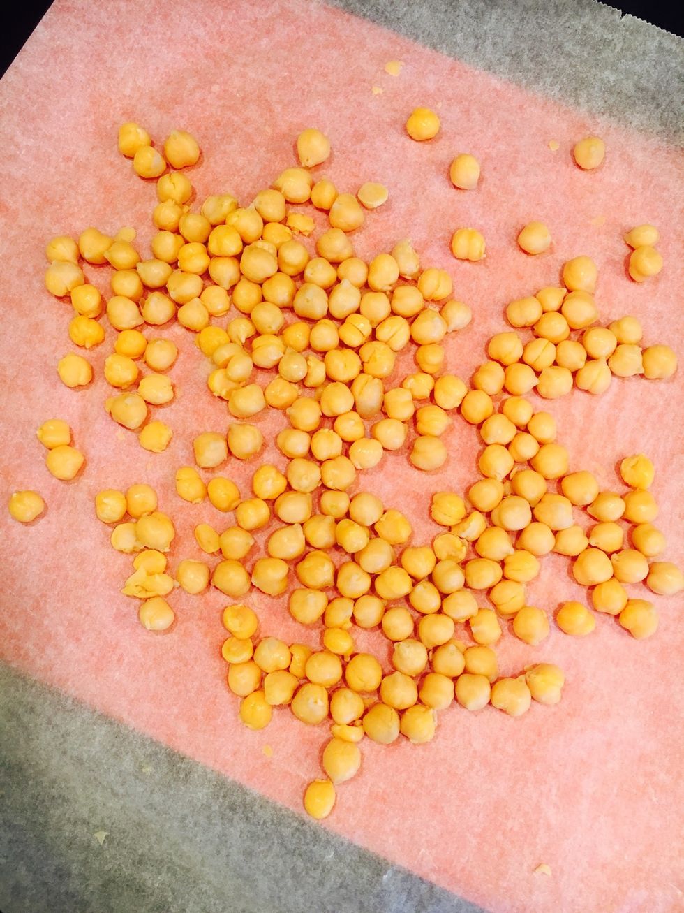 Put the chickpeas on the parcement paper on a solid surface. Use a paper towel/ kitchen paper and rub until outer skin comes off. (Be careful so you don't mash them).