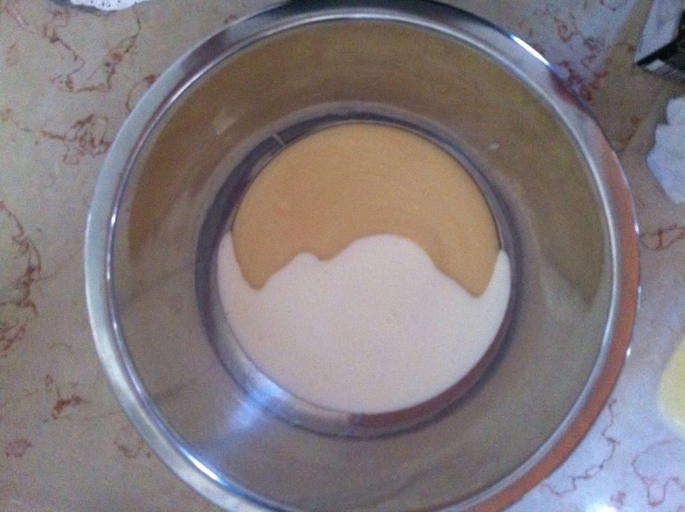 Put the condensed milk and cream in a bowl. This is the base , add to this whatever you like to give the ice cream any falvour you desire (cinnamon , vanilla , peanut butter and more! )