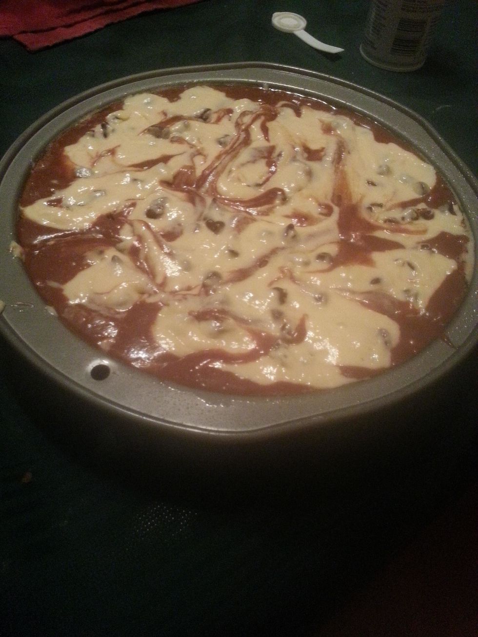 put the cream cheese mixture on top, and softly swirl together with a butter knife.