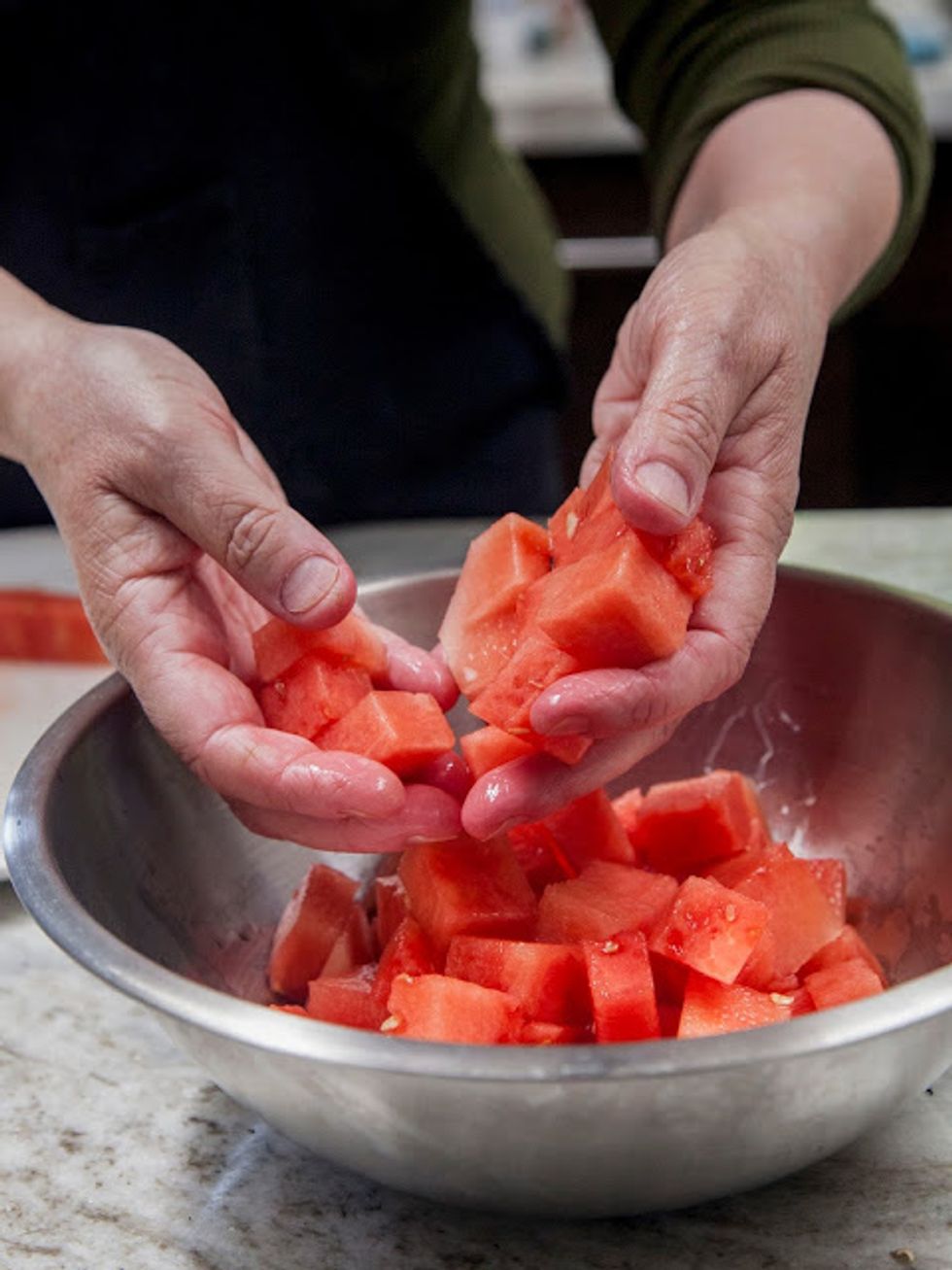 Put the cubes into a bowl and set them aside.