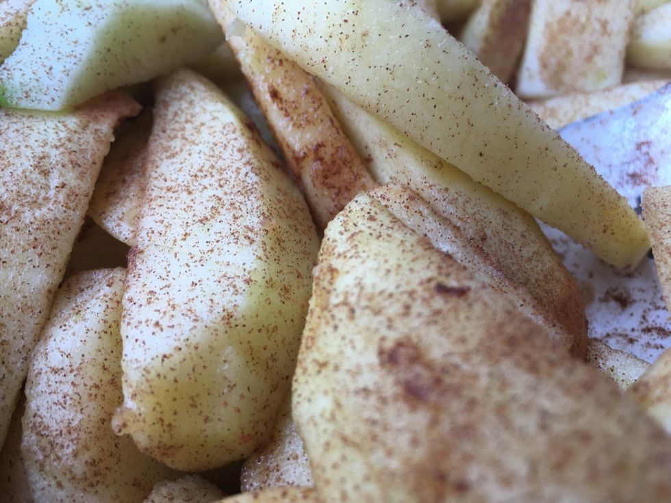 Put the cut apples into a large pan with vanilla, melted butter, lots of lemon juice and a tiny bit of flour with cinnamon in it. Mix the apples and the liquid mix together.