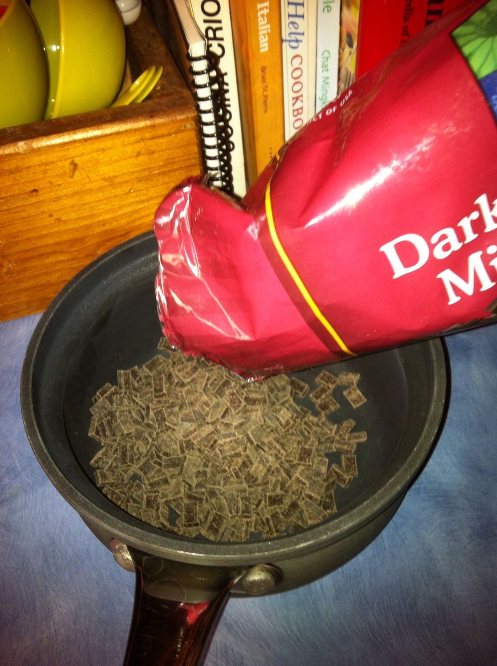 Put the dark chocolate nibs in another small pot of equal or smaller size than the pot of boiling water.