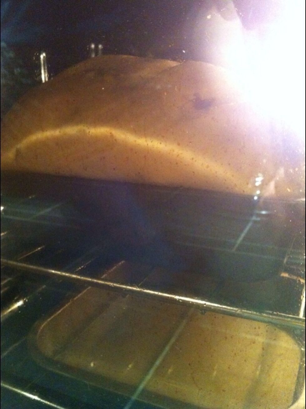 Put the dough in a pre heated oven at 180 degrees centigrade. For 20-25 mins. A metal tray at the bottom of the oven with a little water added will create steam - this will help a lovely crust form