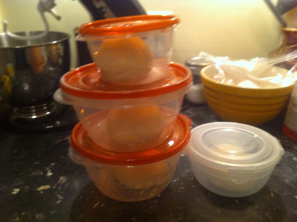Put the dough into 4 separate containers and put them in the fridge over night. They will last several days in the fridge. Probably 4-5 days max.