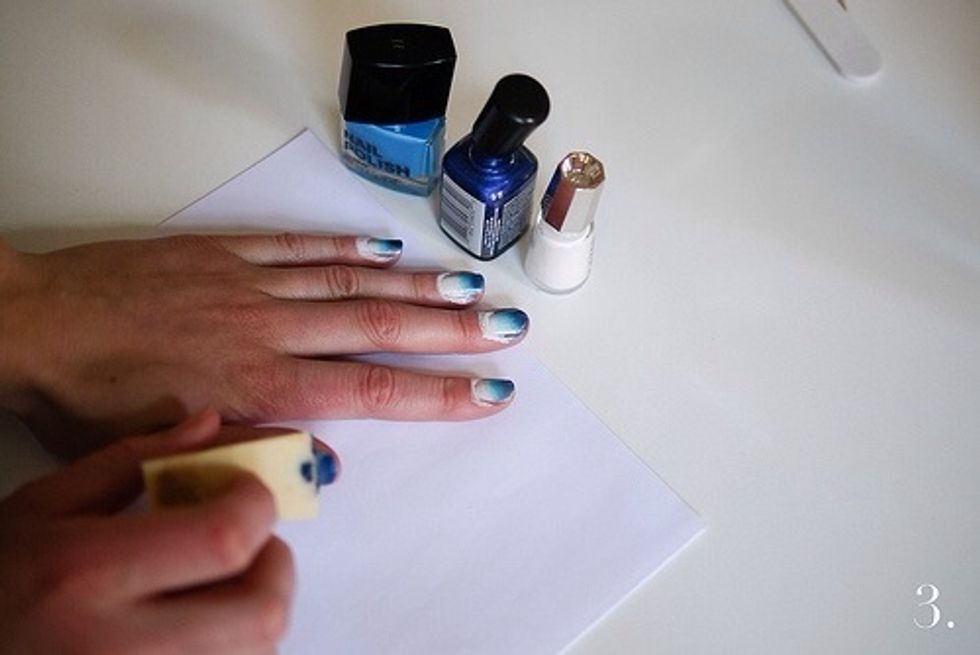 Put the edge of the sponge to the tip of your nail. Dab the sponge onto you nail. Repeat until you've covered the nail. If the sponge runs out of polish, add some more. Continue to all of your nails.