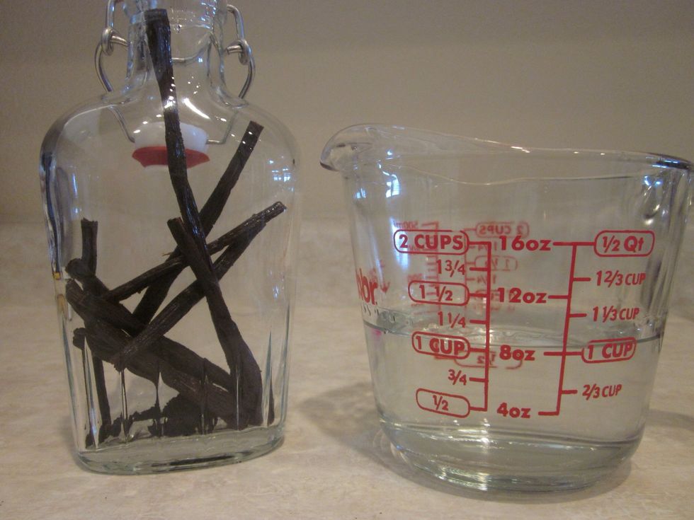 Put the empty pods in the bottle with the beans. If you want you can save a bean or two, cut it open length wise like the others but don't scrape it. Put the whole thing in there.