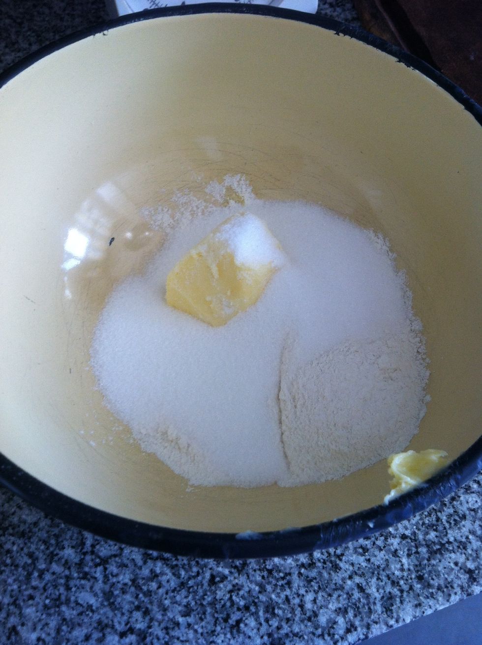 Put the flour, the sugar and the butter into a bowl.