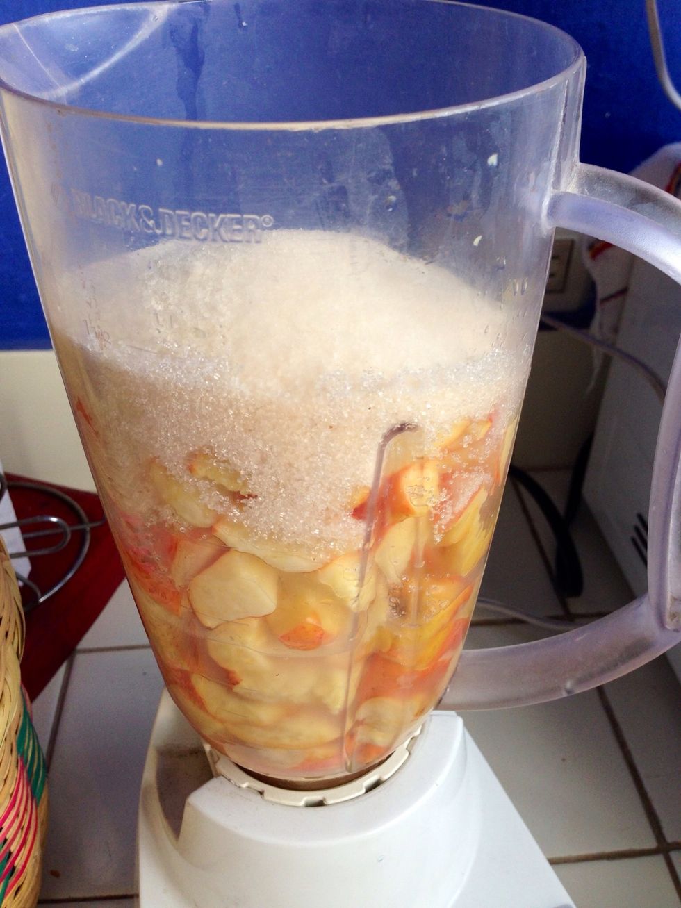 Put the fruit in a blender and add sugar and bottled water.