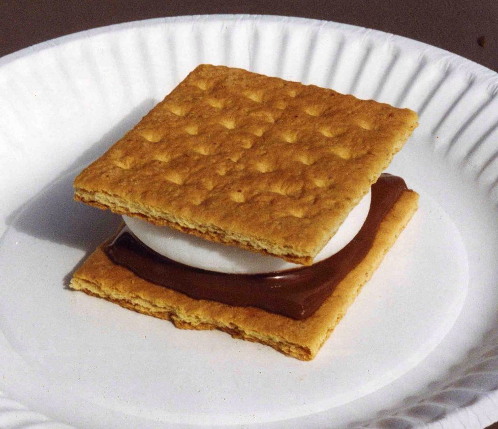 Put the gram cracker on the bottom put the chocolate  on it.than put the marshmallow  on top than put the gram cracker  on the top