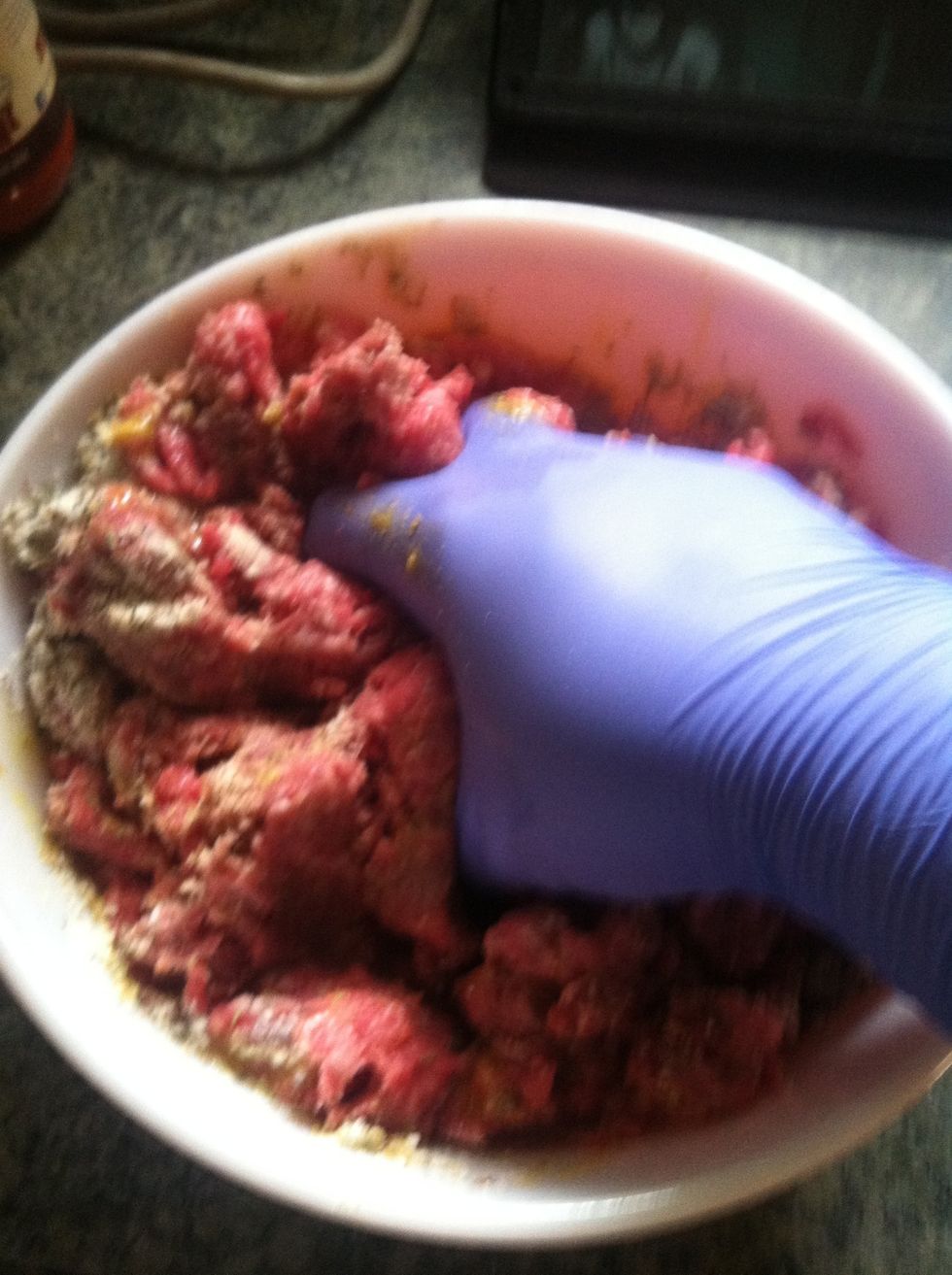 Put the ground beef, eggs, onion powder, garlic, bread crumbs and cheese into a bowl and mix thoroughly using your hands. Believe me, it makes a big difference!