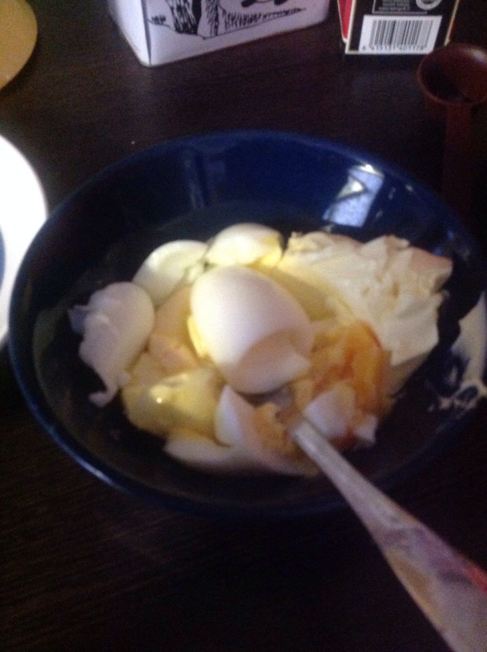 Put the hard boiled eggs in the same bowl, remember to skin them :)