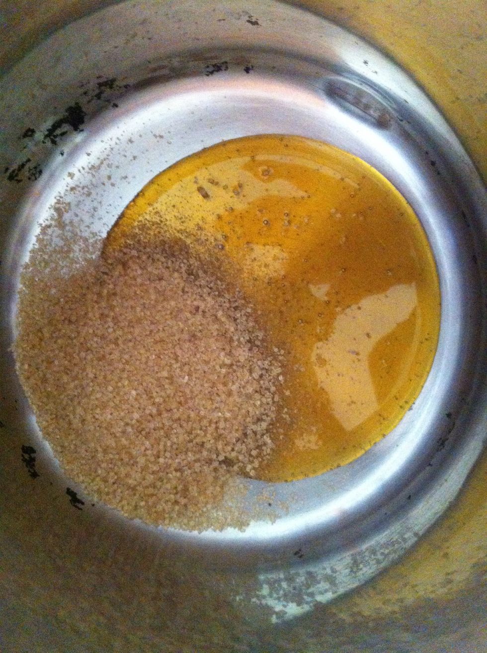 Put the honey and sugar in a pan on a medium heat till bubbly