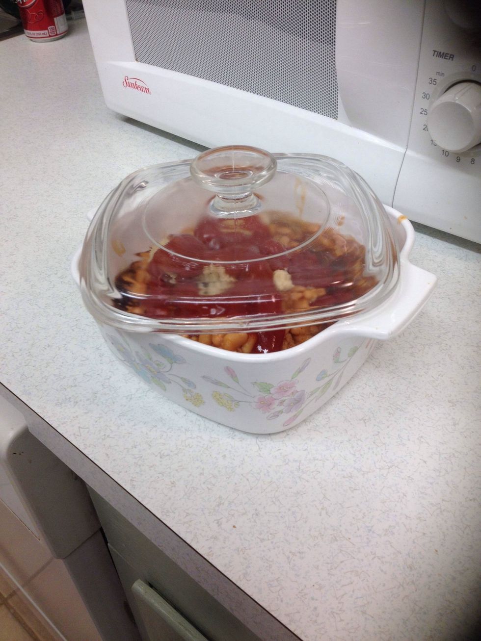 Put the lid on the casserole dish. Not completely.