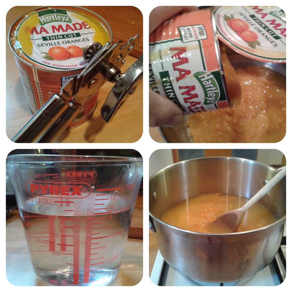 Put the Mamade plus water on the stove to heat on low. (I use hot water & use it to rinse out the tin)