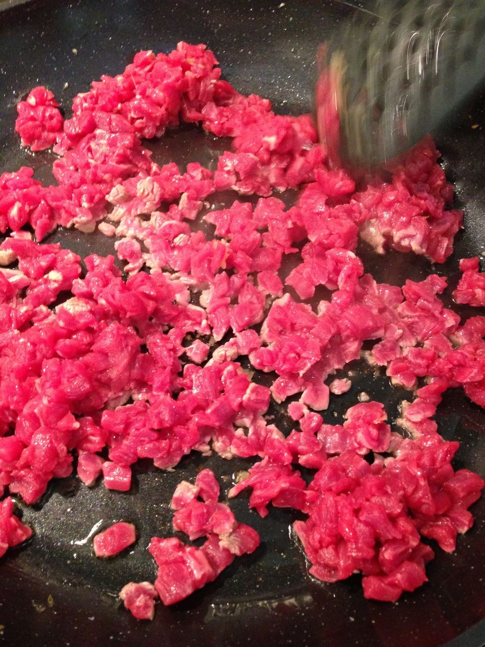 Put the meat in the frying pan +  1 TBsp of  olive oil and cook them for few mins ( 5 mins)
