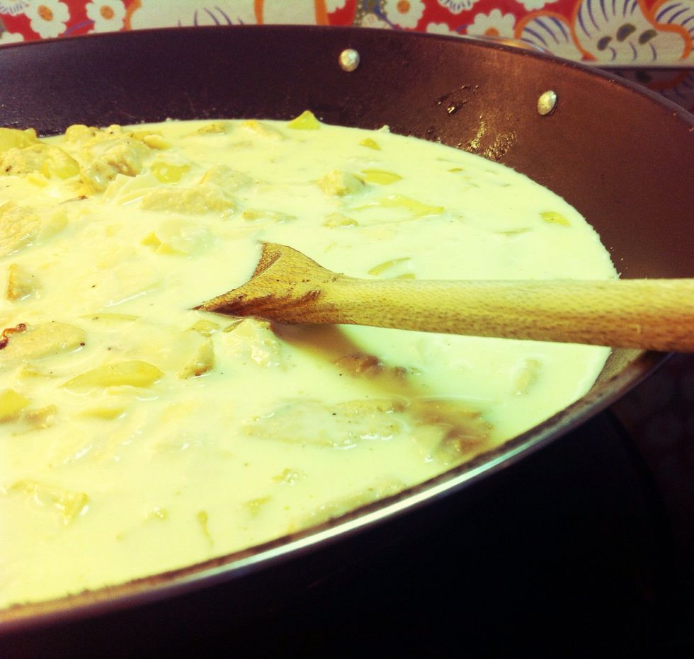 Put the mix in a pan and stir. Make sure it's not too hot or the eggs will make a fuss. Let sit.