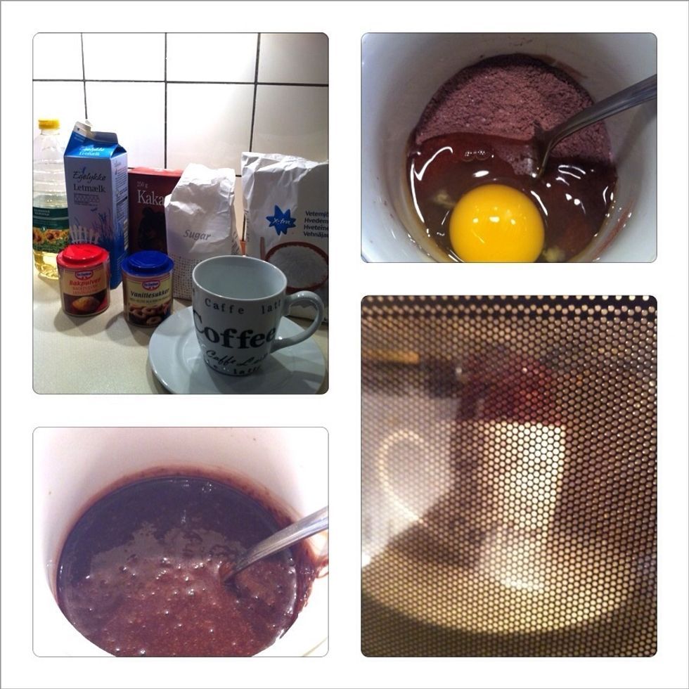 Put the mug in the microwave for 3 minutes. The cake rises above the edge of the mug.