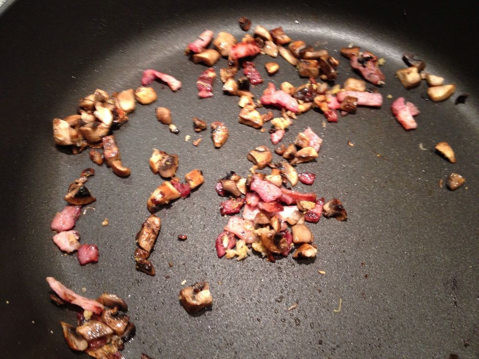 Put the mushrooms and bacon back in the pan along with a crushed clove of garlic and the zest of a lemon