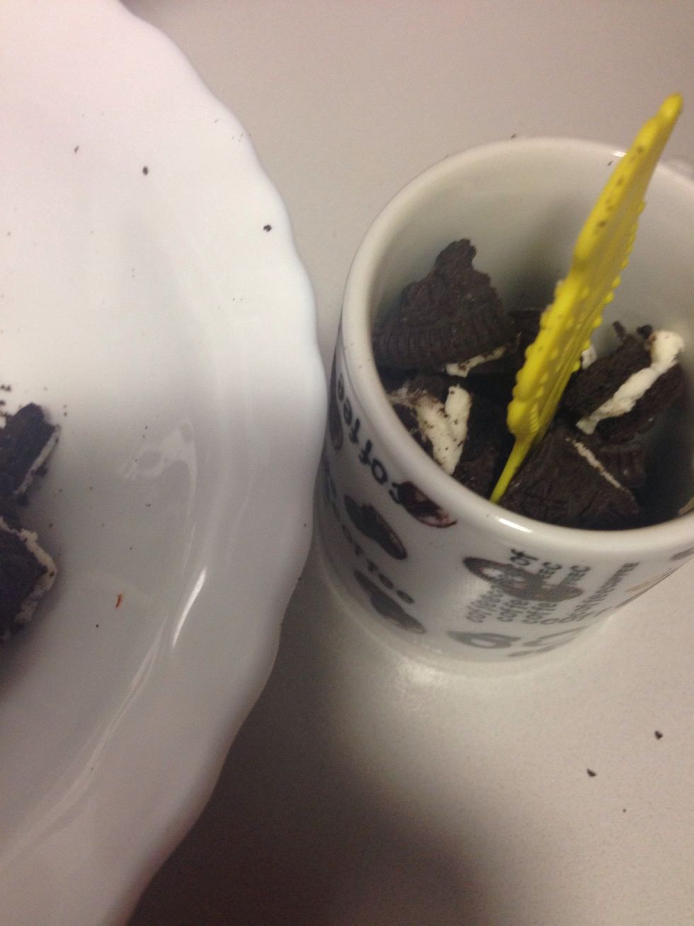 put the Oreos in the cup and you need a stick or something with is going to be the ice cream stick